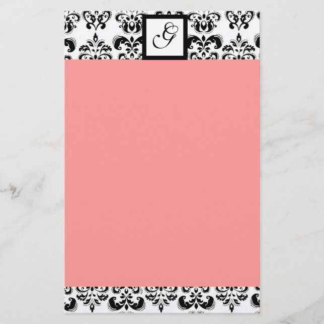 DAMASK SQUARE MONOGRAM ,pink Stationery (Front)