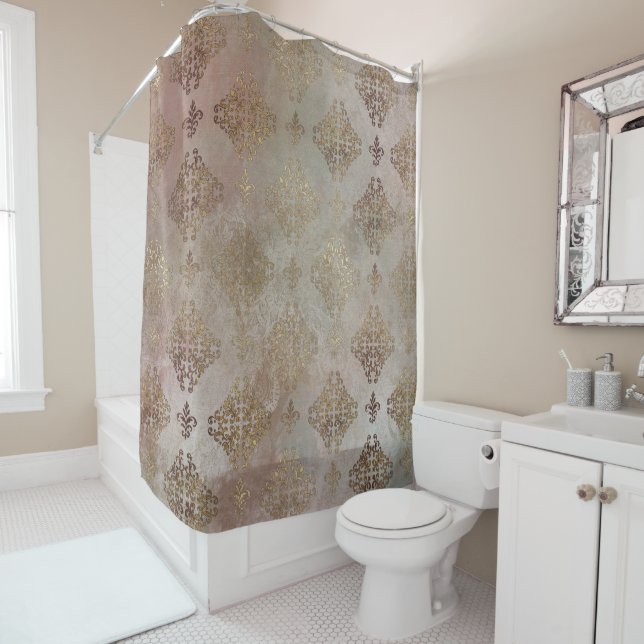 Damask Steampunk | Vintage Golden Ornamental Shower Curtain (In Situ)