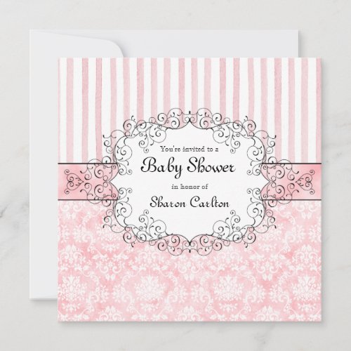 Damask  Stripe Baby Girl Shower Invitation