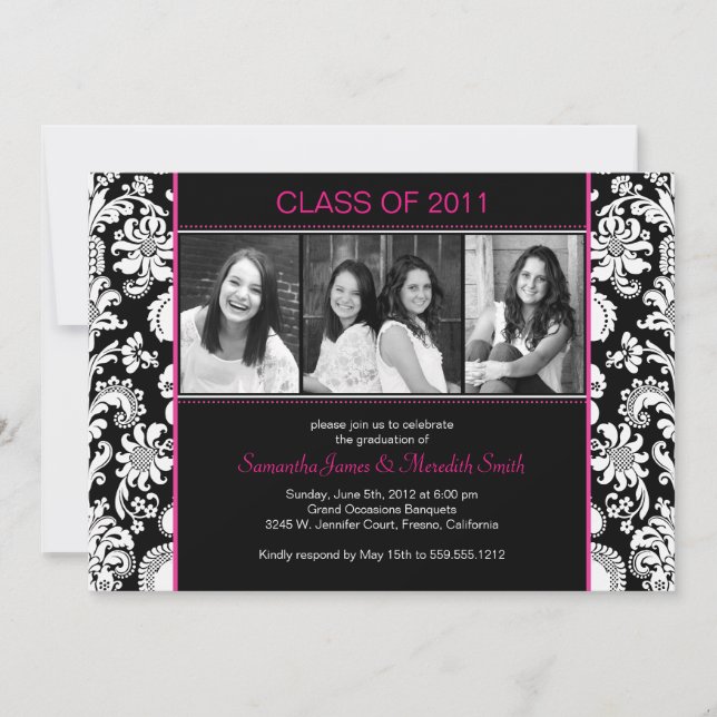 Damask Stripes Grad - Black/White/Fuschia Invitation (Front)