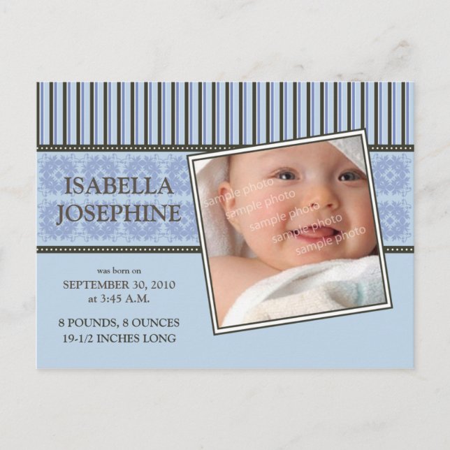 Damask & Stripes Periwinkle Birth Announcement Postcard (Front)