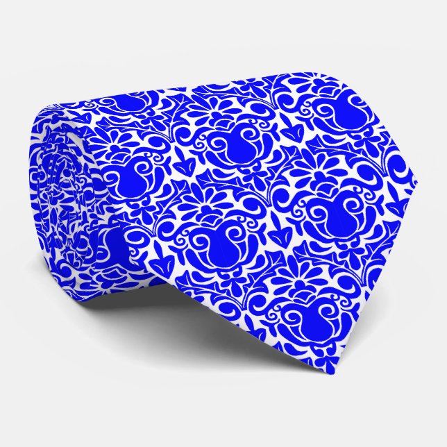 Damask Style - Blue on White Neck Tie (Rolled)