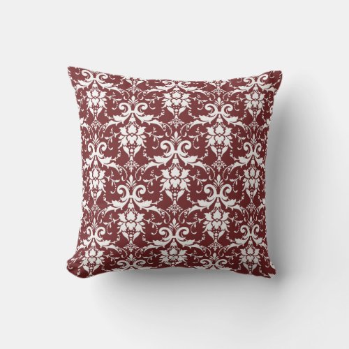 Damask Style Small Print Burgundy Throw Pillow