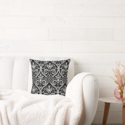 Damask style vintage pattern black and white throw pillow