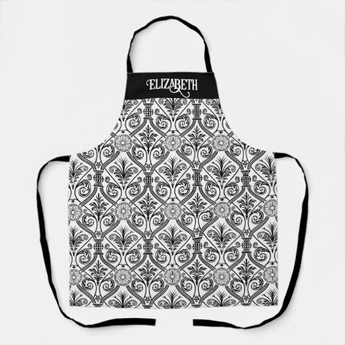 Damask style vintage pattern black white name apron