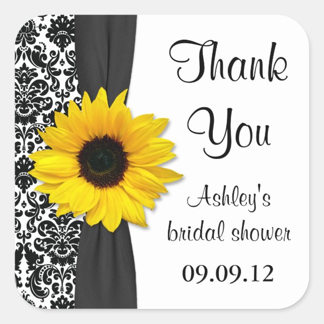 Damask Sunflower Wedding Bridal Shower Thank You Square Sticker (Front)
