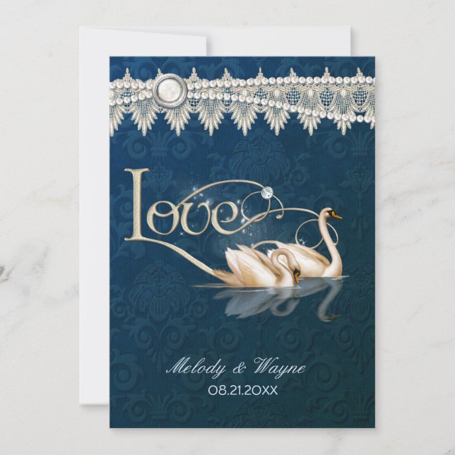 Damask Swan Elegance Blue - Wedding Invitation (Front)