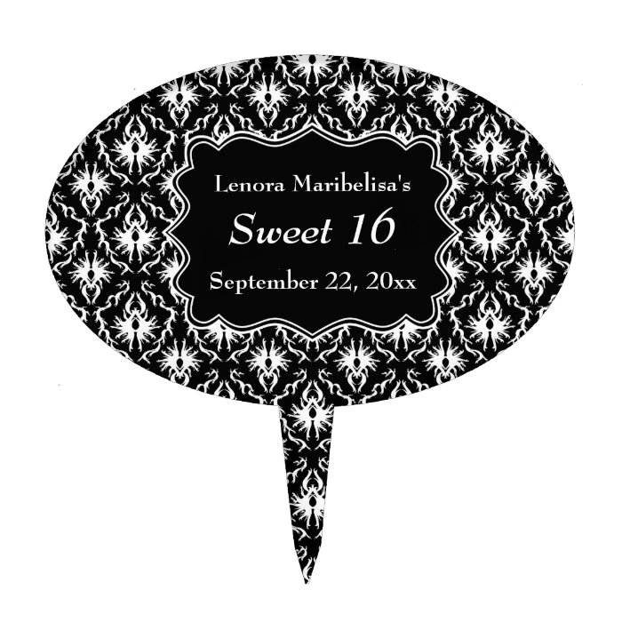 Damask Sweet 16 in Black and White. Cake Toppers