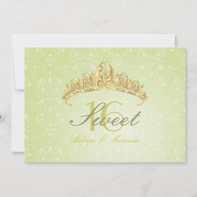 Damask Sweet 16/ tiara/green peridot invitations (Front)