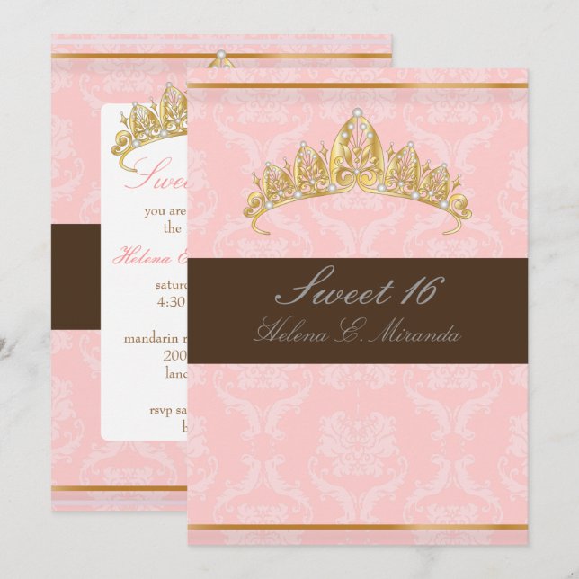 DAMASK SWEET 16/TIARA/PINK/CHOCOLATE INVITATION (Front/Back)