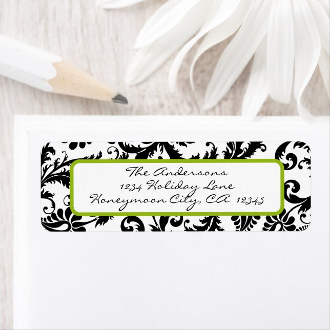 Damask Swirl Apple Green & Black Address Label (Insitu)