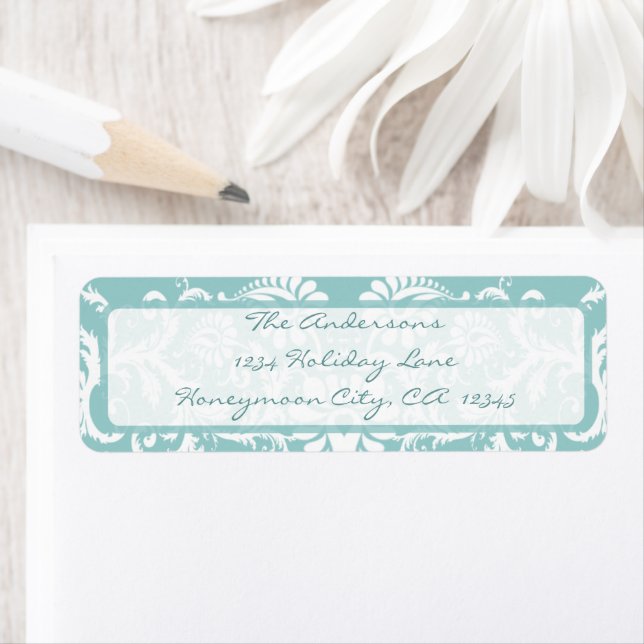 Damask Swirl Aqua Blue Retrun Address Label (Insitu)
