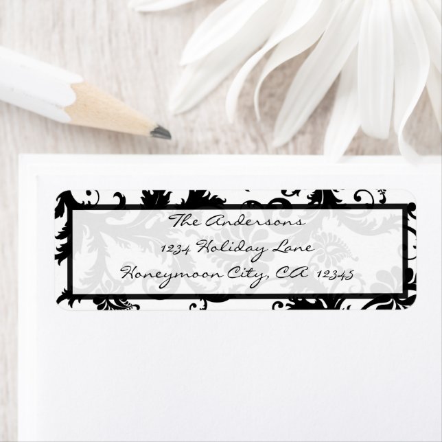 Damask Swirl Black & White Return Address Labels (Insitu)
