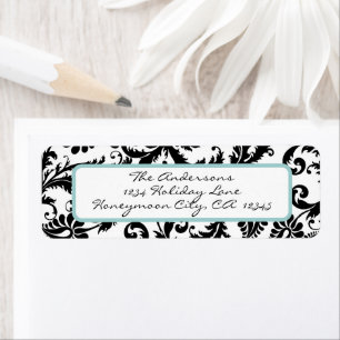 Damask Swirl Light Aqua & Black Address Label