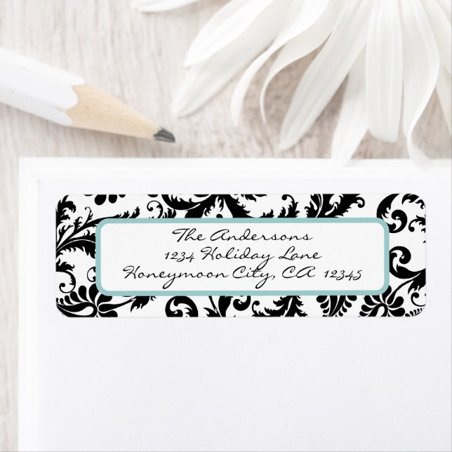 Damask Swirl Light Aqua & Black Address Label (Insitu)