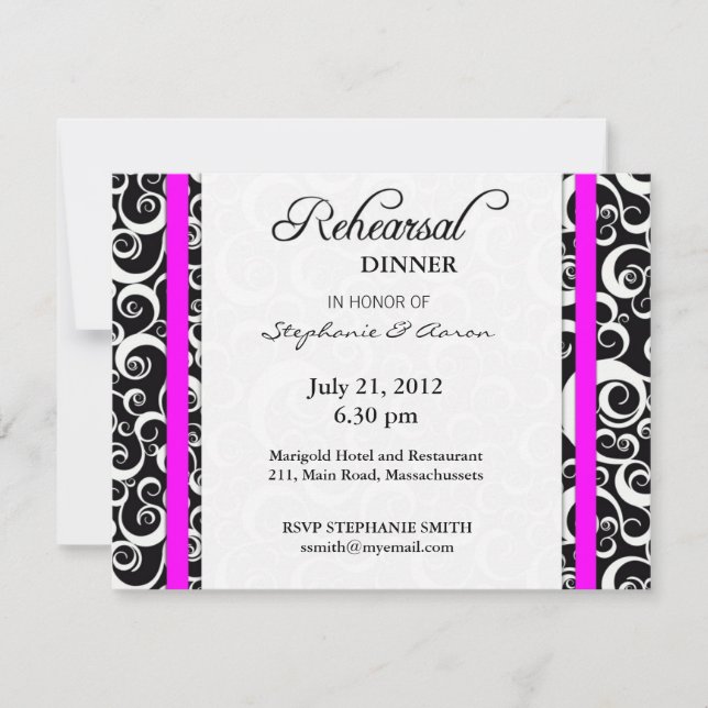 Damask Swirl Rehearsal Dinner Card in Fuchsia (Front)