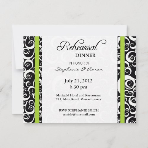 Damask Swirl Rehearsal Dinner Card in Green Custom Invite