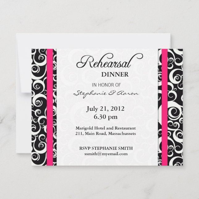 Damask Swirl Rehearsal Dinner Card in Hot Pink (Front)