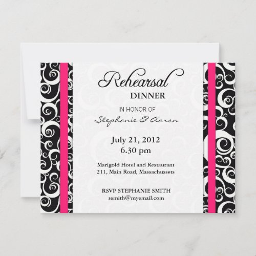 Damask Swirl Rehearsal Dinner Card in Hot Pink Personalized Invitations