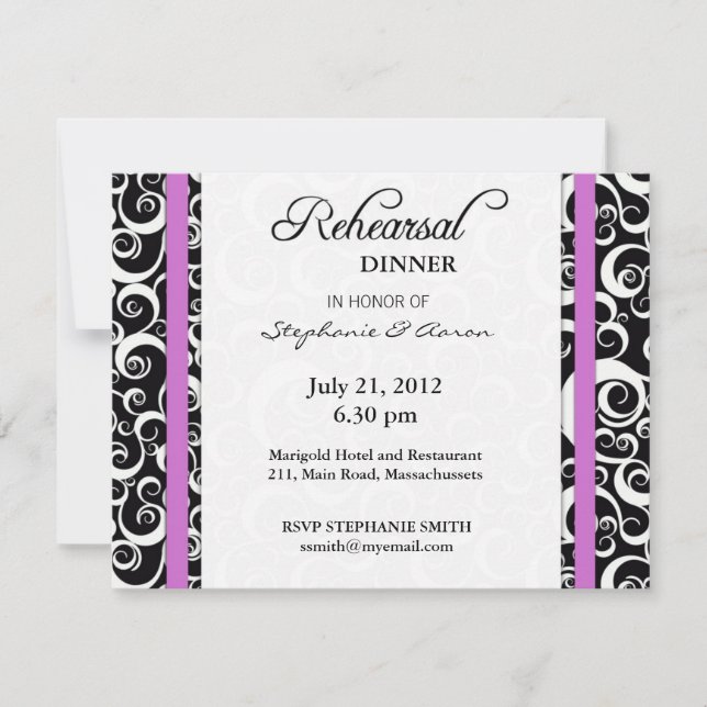 Damask Swirl Rehearsal Dinner Card in Purple (Front)