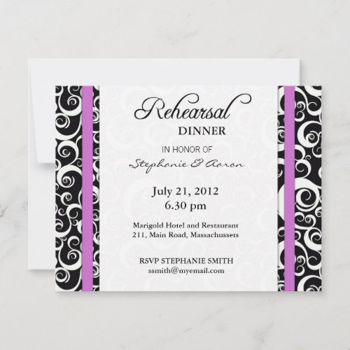 Damask Swirl Rehearsal Dinner Card in Purple Personalized Invitation