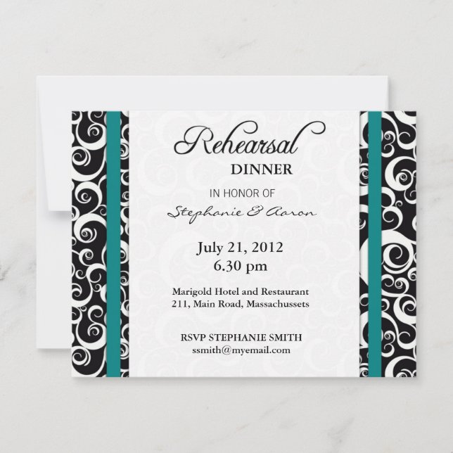 Damask Swirl Rehearsal Dinner Card in Teal (Front)