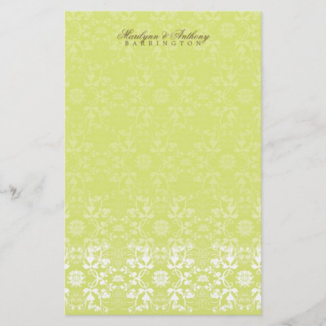 Damask Swirls Lace Lime Thank You Stationery (Front)