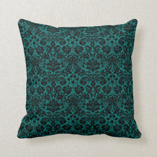 Damask Teal Black Throw Pillow