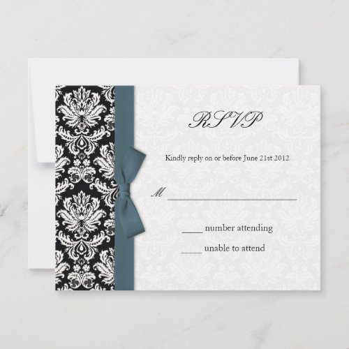 Damask Teal Bow Wedding RSVP Card