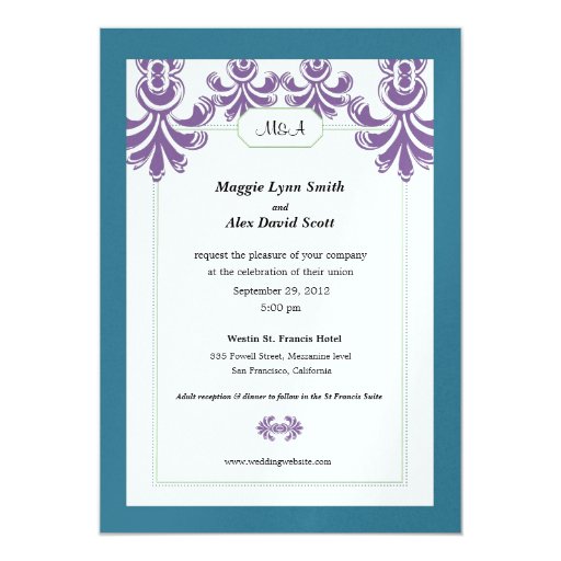 damask teal purple border wedding with monogram announcement | Zazzle