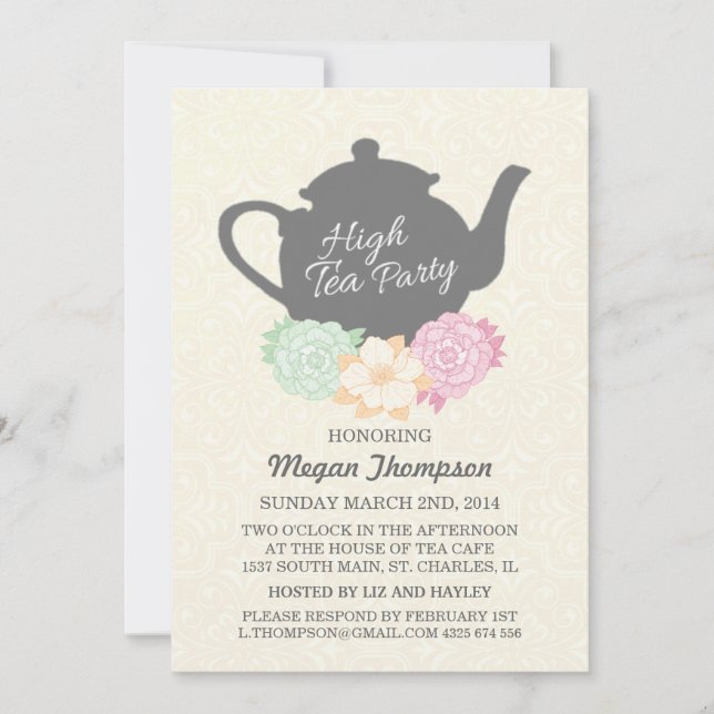 Damask & Teapot High Tea Invitation (Front)