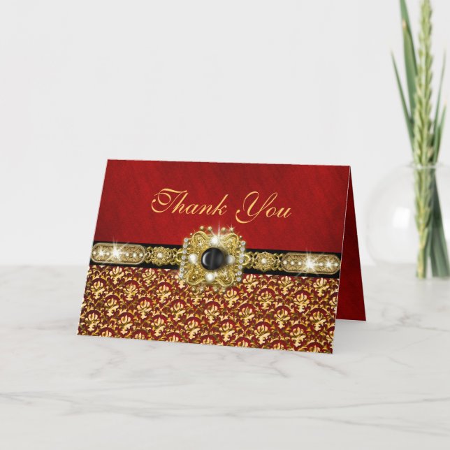 Damask "thank you" black red gold thank you card (Front)