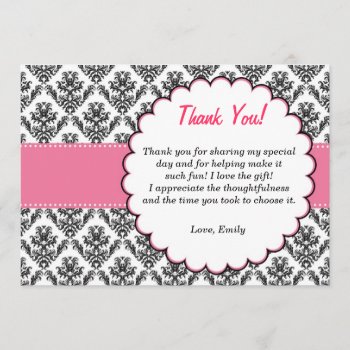 Damask Thank You Card Pink Black by pinkthecatdesign at Zazzle