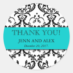 Damask Thank You Wedding Stickers Favours Aqua