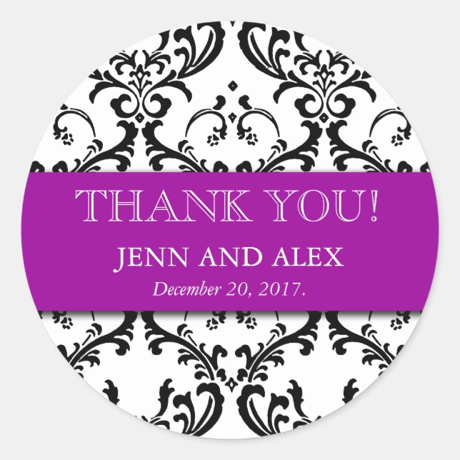 Damask Thank You Wedding Stickers Favours Purple (Front)