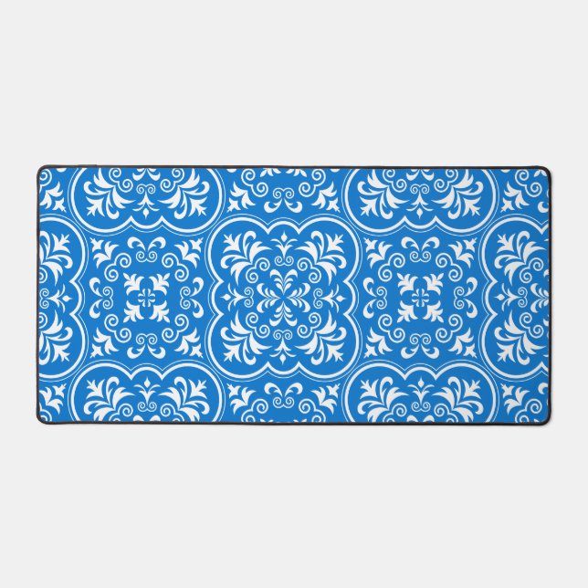 Damask True Blue Classic Monochromatic Desk Mat (Front)