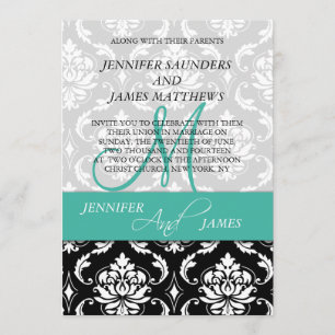 Damask Turquoise Monogram Names Wedding Invitation