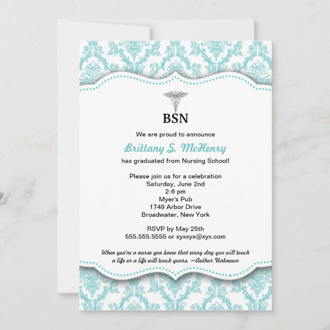 Damask Turquoise Nurse pinning graduation BSN RN Invitation (Front)