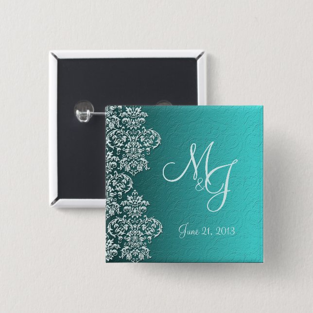 Damask Turquoise Wedding Button (Front & Back)