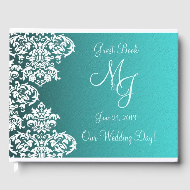 Damask Turquoise Wedding Guest Book (Front)