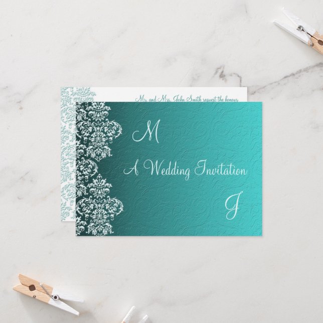 Damask Turquoise Wedding Invitation (Front/Back In Situ)