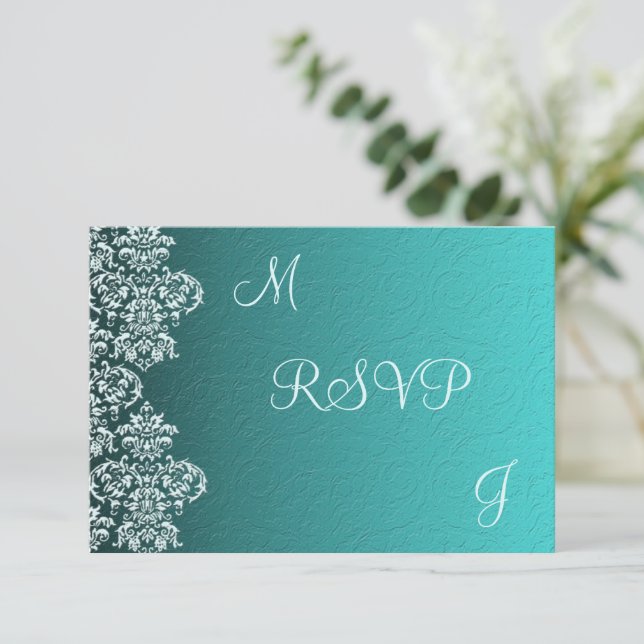 Damask Turquoise Wedding RSVP (Standing Front)