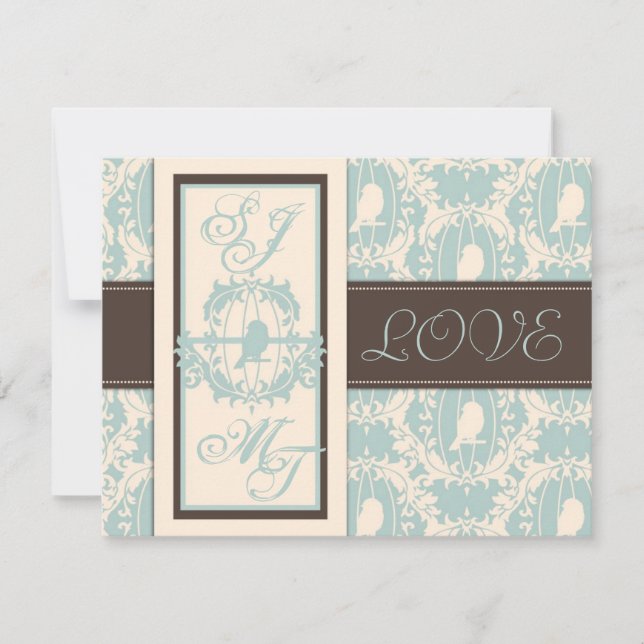 Damask Tweets Wedding Invite Card 2 (Front)
