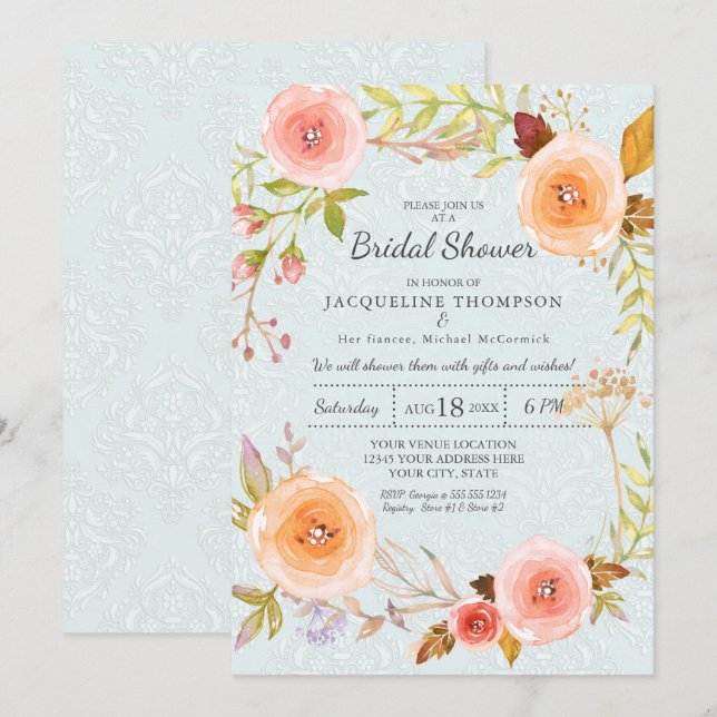 Damask Typography Blue n Pink Floral Wreath Bridal Invitation (Front/Back)