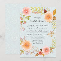 Damask Typography Blue n Pink Floral Wreath Bridal