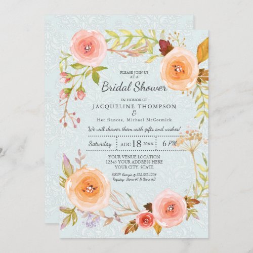 Damask Typography Blue n Pink Floral Wreath Bridal Invitation