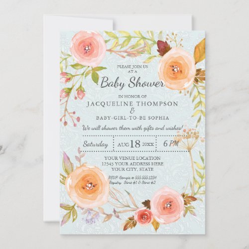 Damask Typography Blue n Pink Watercolor Floral Invitation