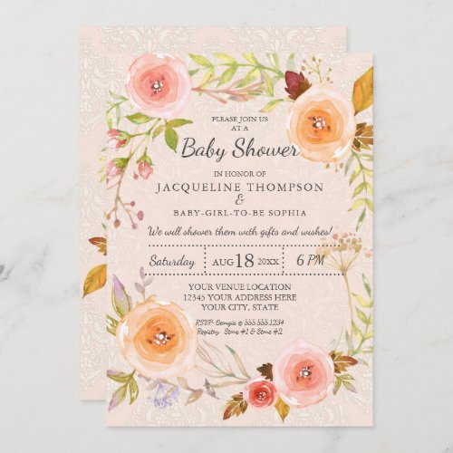 Damask Typography Blush n Gold Watercolor Floral Invitation
