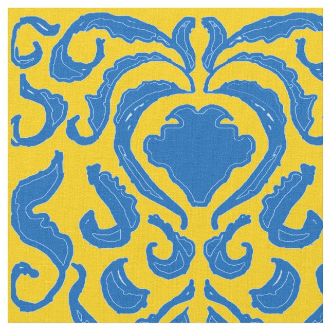 Damask Ukraine Energizing Yellow Freedom Blue Fabric (Close Up)