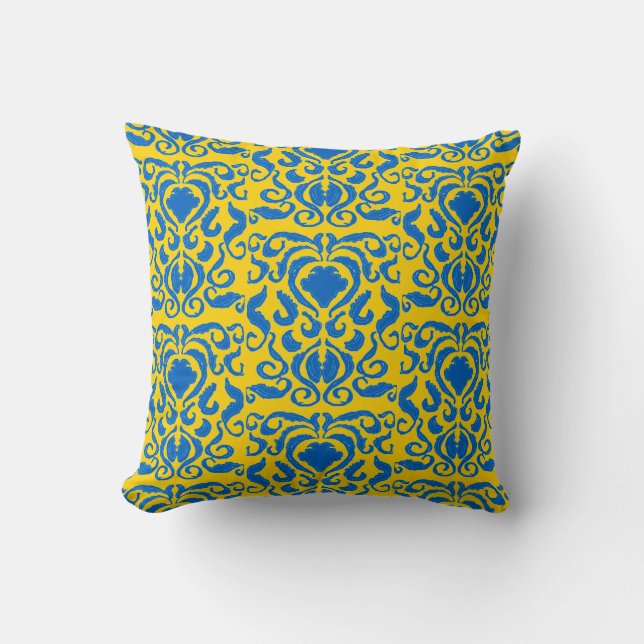 Damask Ukraine Energizing Yellow Freedom Blue Throw Pillow (Front)